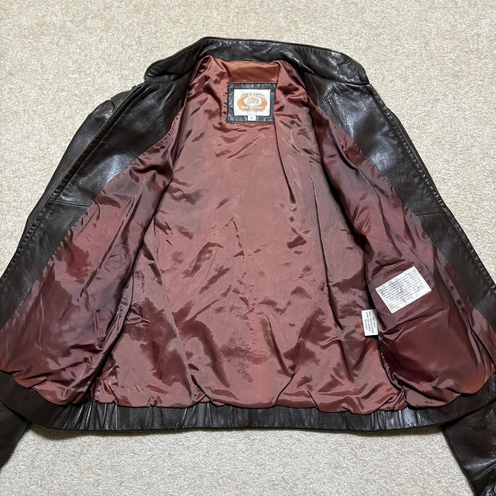 Overland Sheepskin Co Jacket Womens 10 Brown Leather Bomber Full Zip Collared - Picture 3 of 12
